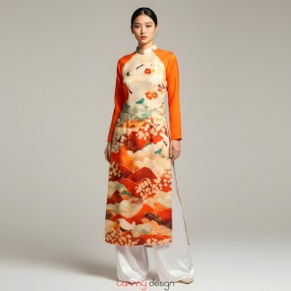 Áo dài nữ dáng ôm, vải gấm in màu cam/be L